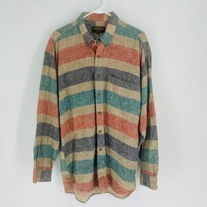 Tango by Max Raab Mens XL Linen Cotton Striped Button Down Shirt Multi Color